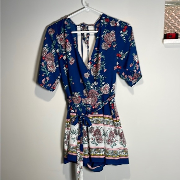 Three Hearts Blue and White Floral Romper with Wrap Design - Picture 1 of 7